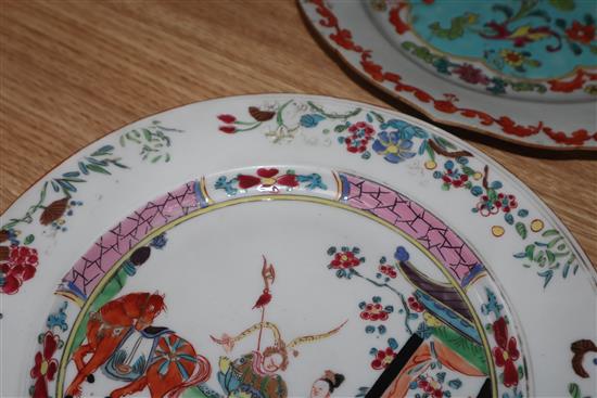 Five 18th century Chinese famille rose plates largest diameter 24cm